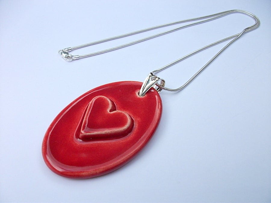 Now on Sale - Large red heart ceramic pendant on sterling silver snake chain