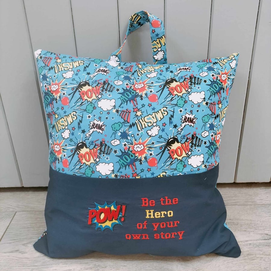 POW! book pillow, reading cushion with carry handle