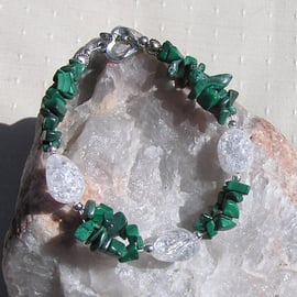 Malachite & Crackled Quartz Crystal Gemstone Bracelet "Mallow Dew"