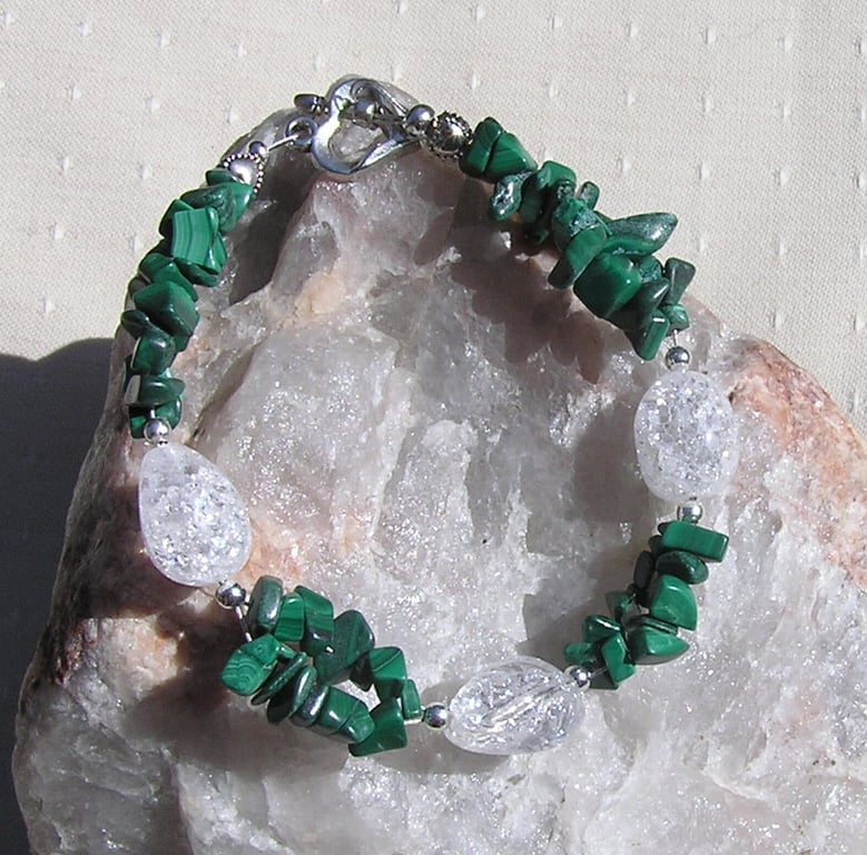 Green Malachite & Crackled Quartz Gemstone Bracelet "Mallow Dew"