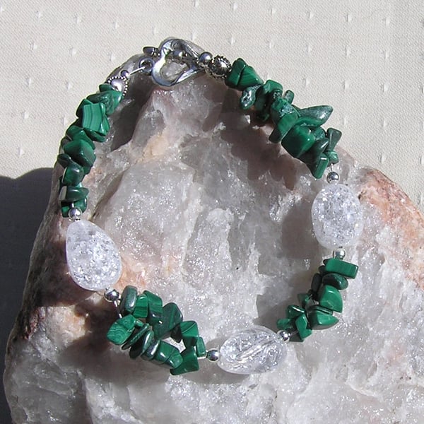 Malachite & Crackled Quartz Crystal Gemstone Bracelet "Mallow Dew"