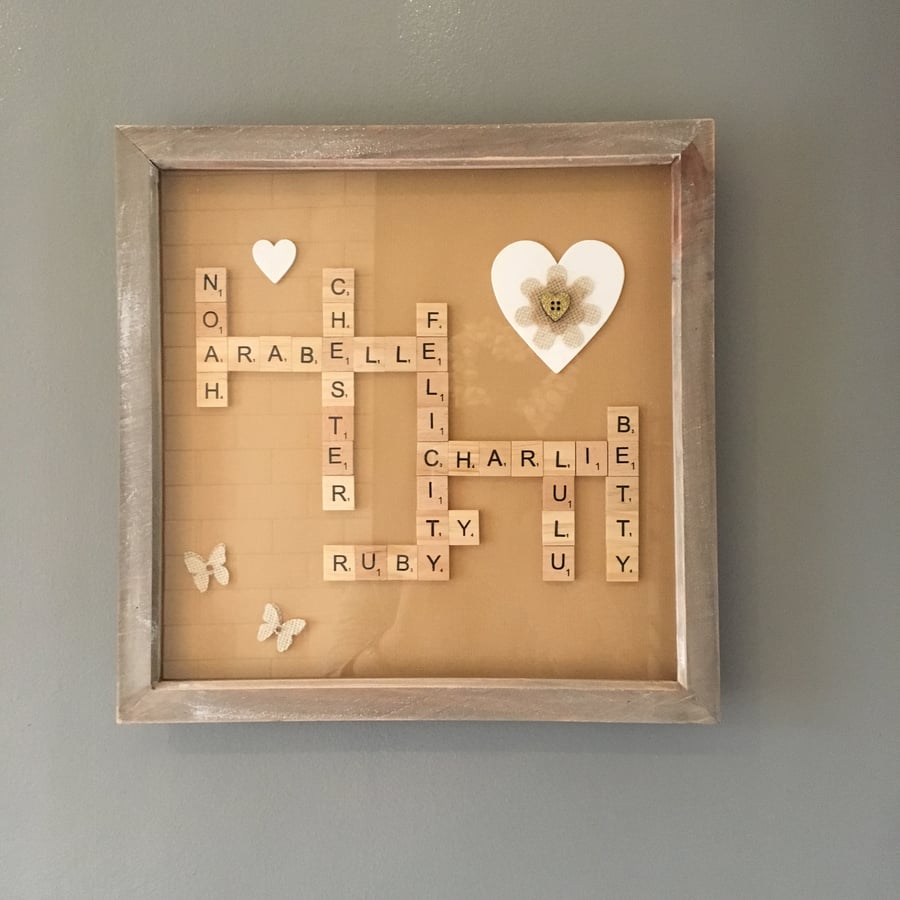 Bespoke handmade Scrabble letter large (12") family pictures (under 10 words)