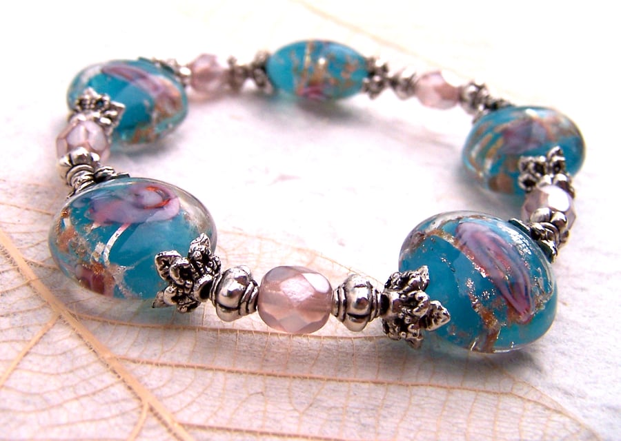 Bead Bracelet, Turquoise, Pink Silver Foil Stretch Bracelet  