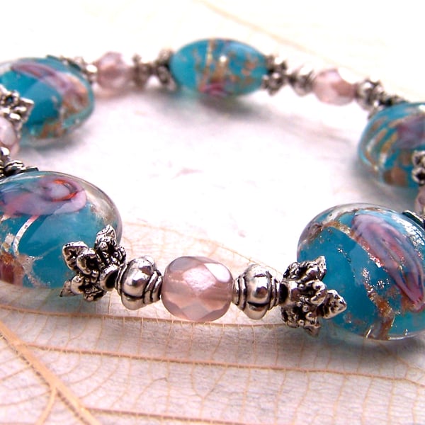 Bead Bracelet, Turquoise, Pink Silver Foil Stretch Bracelet  