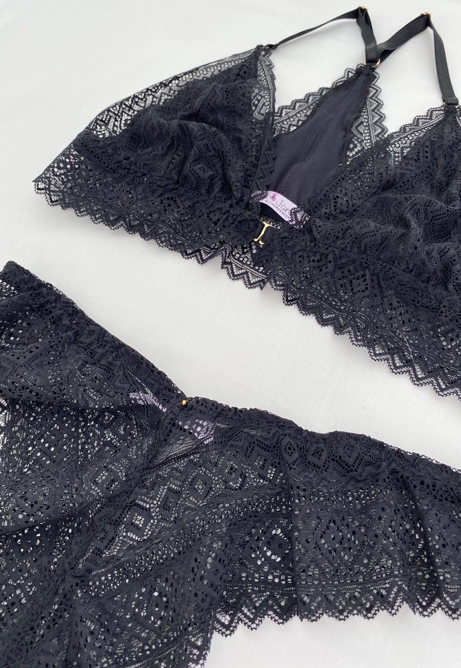 Handmade black geometric lace and bamboo jersey lingerie set
