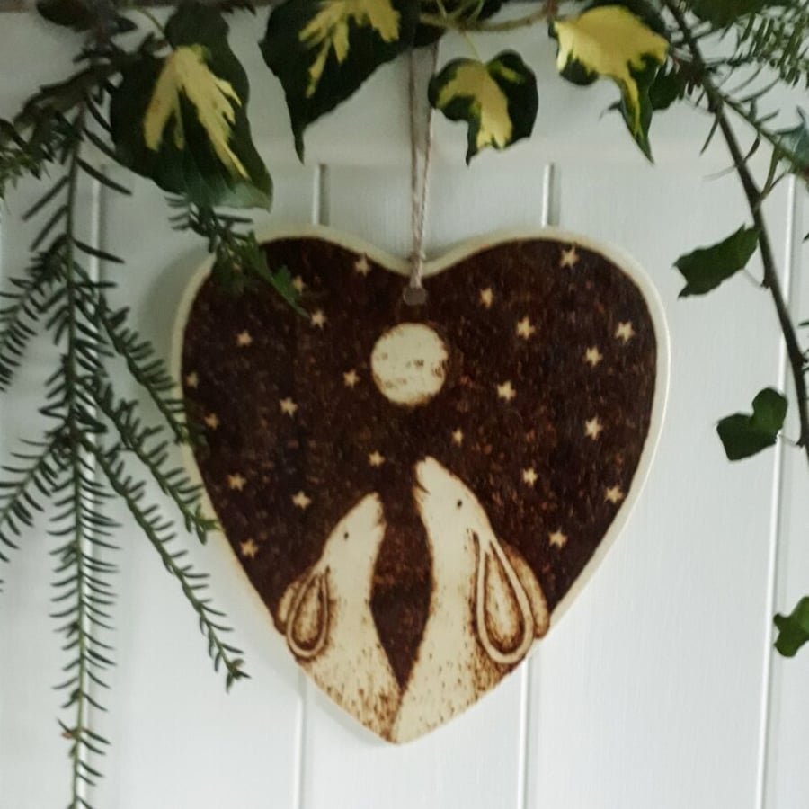 Moon gazing hares pyrography wooden heart hanging decoration