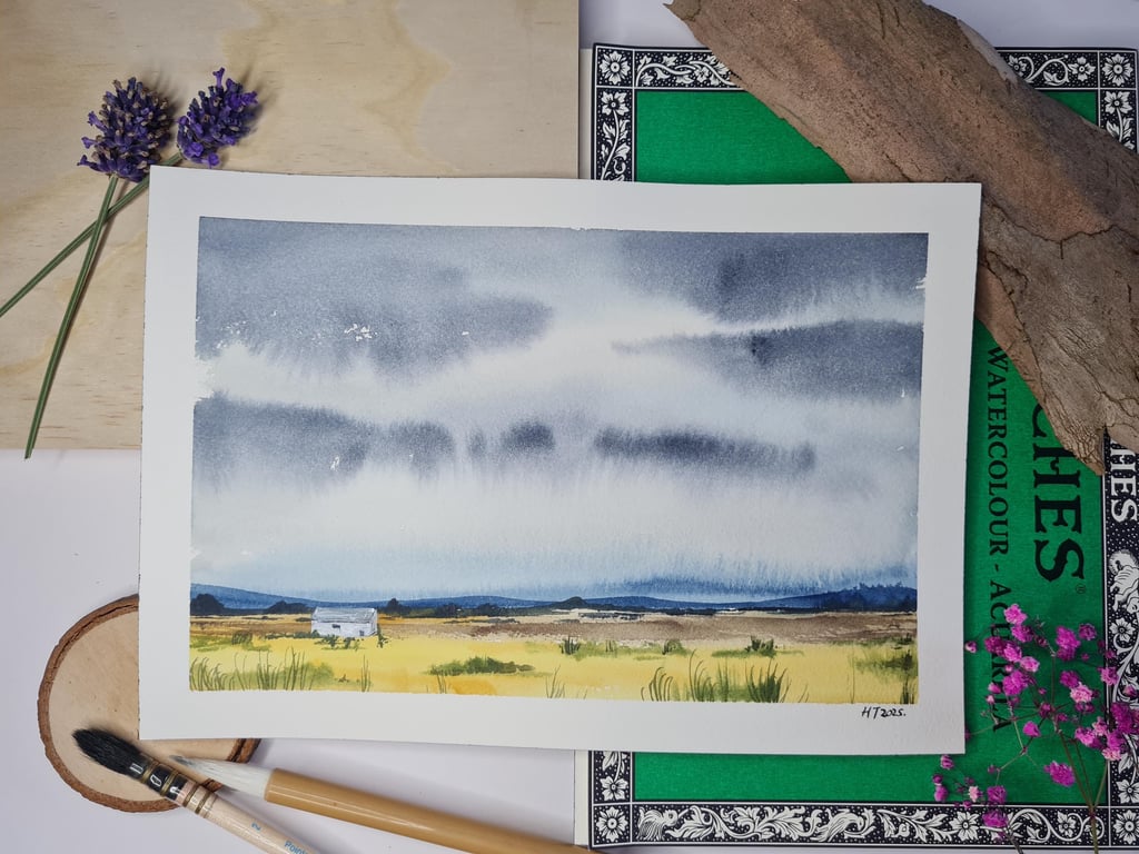 Lone house in the storm, landscape art, atmospheric, small paintings original wa