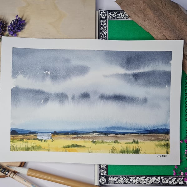 Lone house in the storm, landscape art, atmospheric, small paintings original wa