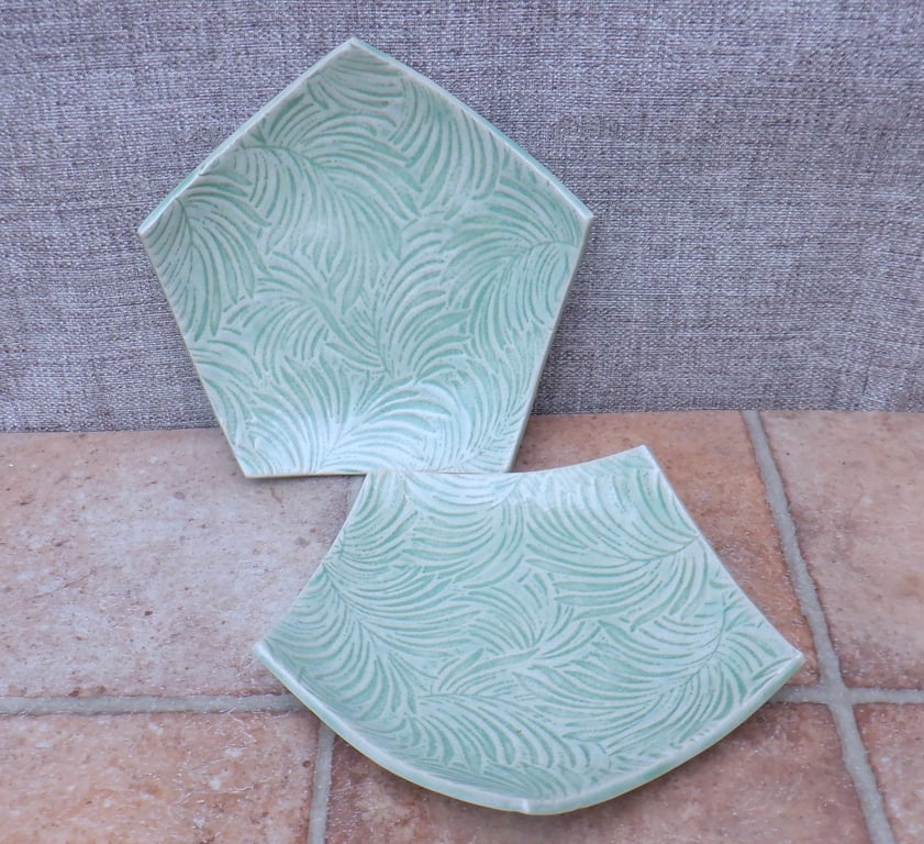 Handmade small plates set of 2 in textured stoneware ceramic light green glaze