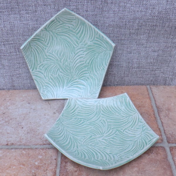 Handmade small plates set of 2 in textured stoneware ceramic light green glaze