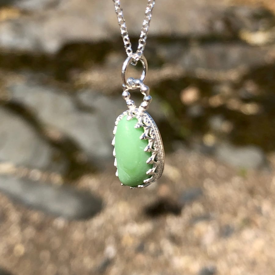 Green Milk Sea Glass and Sterling Silver Pendant Necklace - 1217