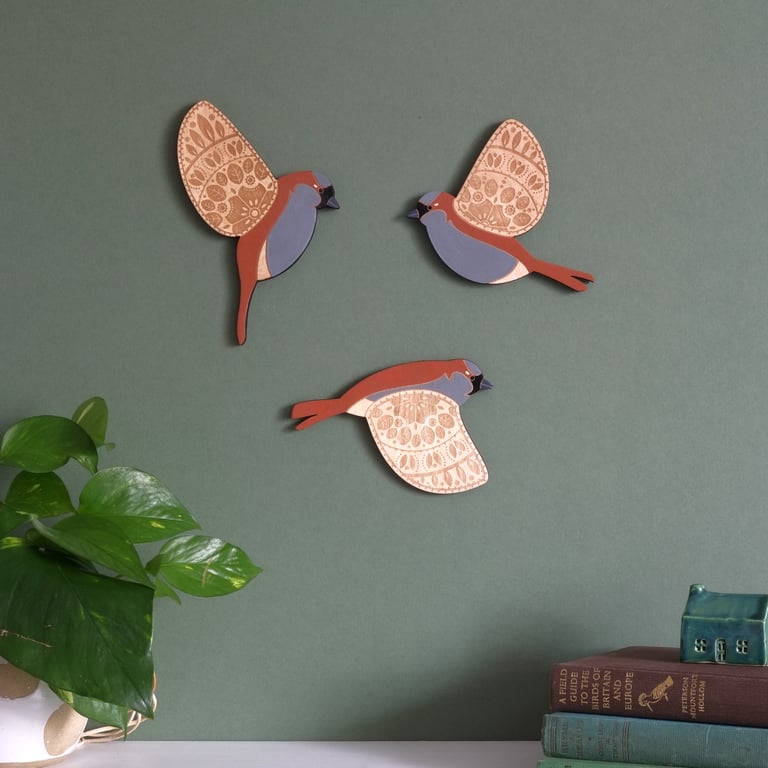 Folk Art Inspired Wooden Flying House Sparrows - Wall decor Hangings