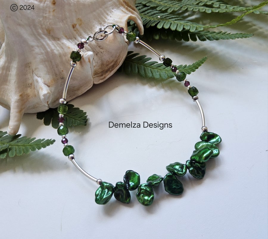 Keshi Pearl, Russian Diopside, Rhodanite Garnet Sterling Silver Bracelet MEDIUM 