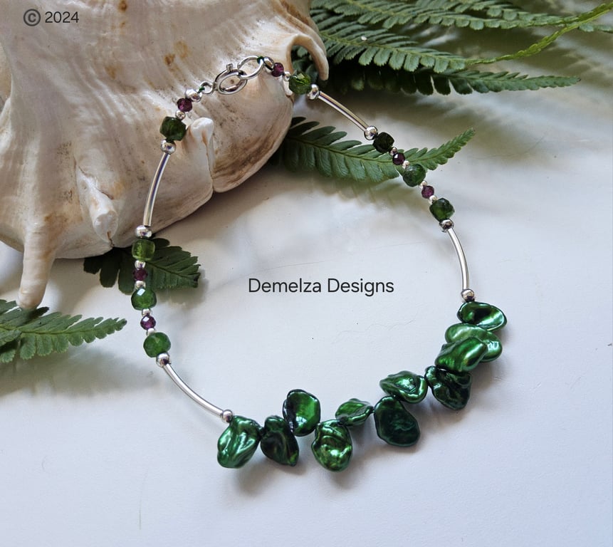 Keshi Pearl, Russian Diopside, Rhodanite Garnet Sterling Silver Bracelet MEDIUM 