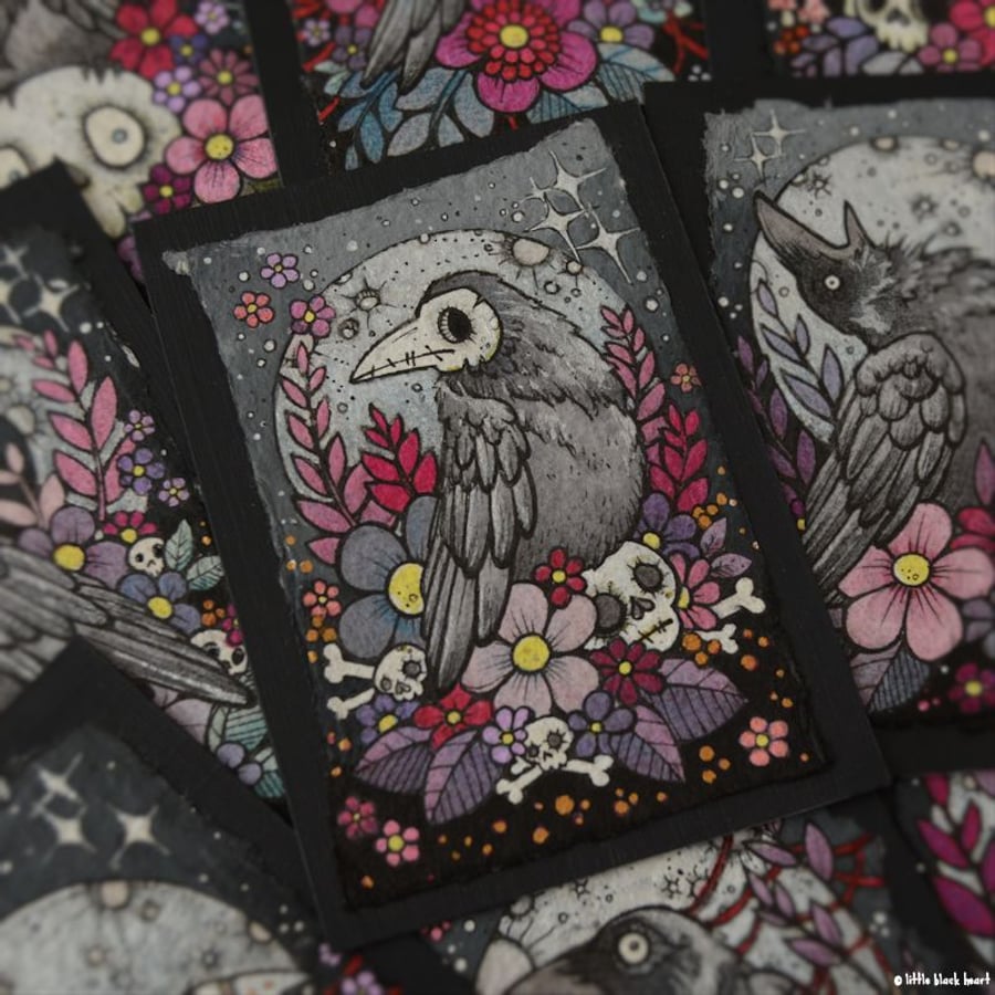 skull and bones crow - original aceo illustration