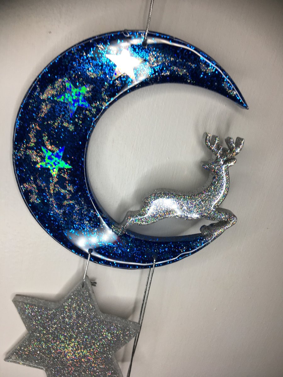 Resin Crescent, reindeer, stars, sparkly, blue, holographic silver, wall hanging