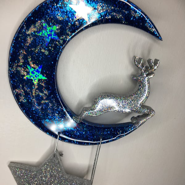Resin Crescent, reindeer, stars, sparkly, blue, holographic silver, wall hanging