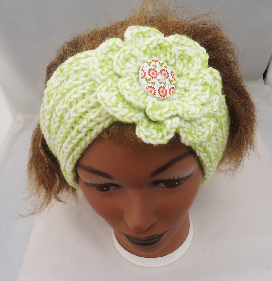 Headband with Crochet Flower, Women Hand Knit Headband