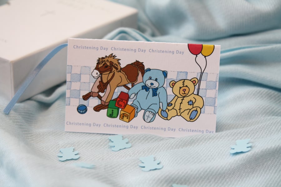 Boy Christening Day Gift Tag with Teddy Bear Confetti