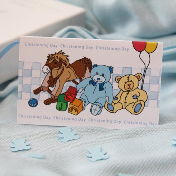 Boy Christening Day Gift Tag with Teddy Bear Confetti