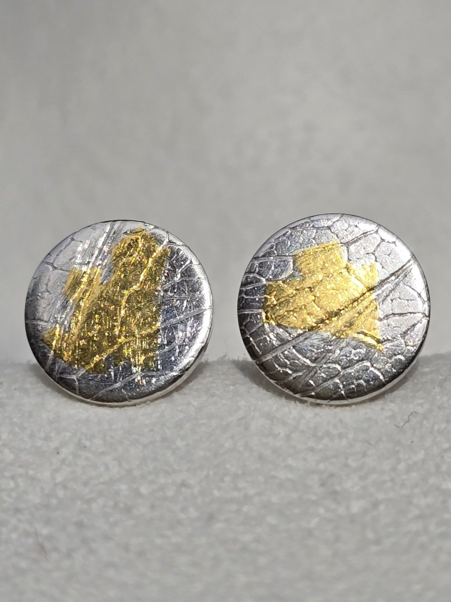 Sterling Silver Skeleton Leaf Imprint Keum Boo Stud Earrings