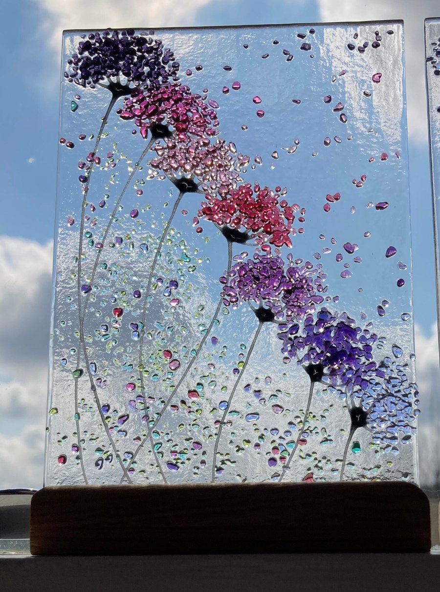 Whimsical Violet mix Flowers fused glass Picture Hanging or with Wooden Stand