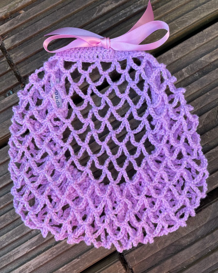 Lilac vintage style hair snood with pearly shimmer