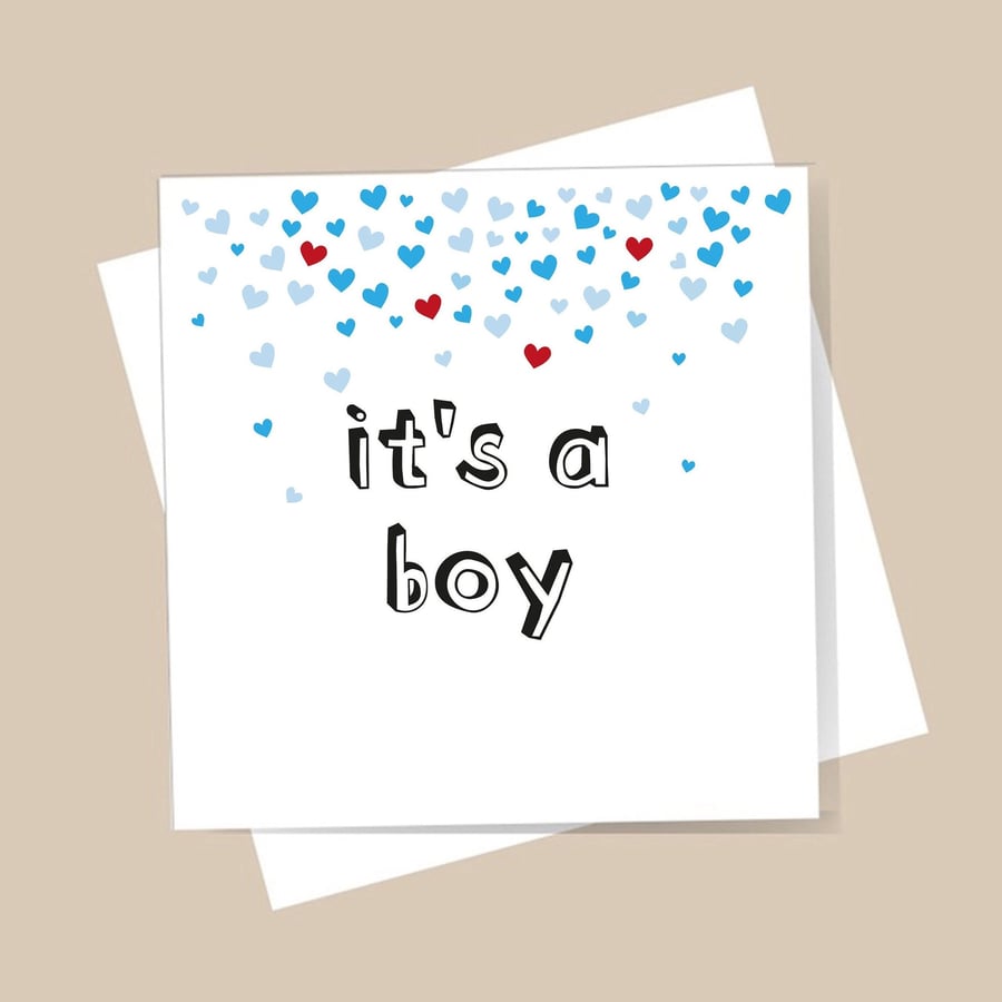 New Baby Boy Card - It's a Boy, With shimmer red and blue hearts. Free delivery