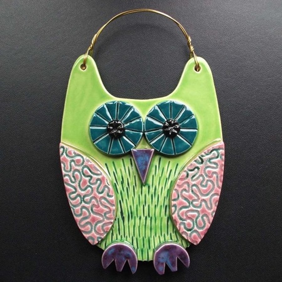 Green Owl ceramic hanging decoration 