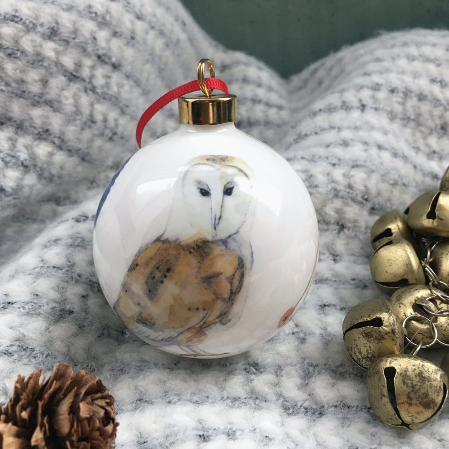Fine Bone China Barn Owl Christmas Bauble