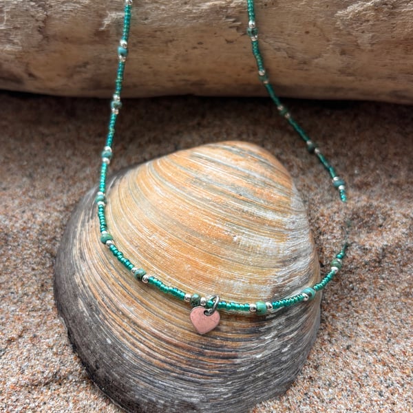 Tiny but bright Miyuki seed beads and sterling silver heart charm Ref R18