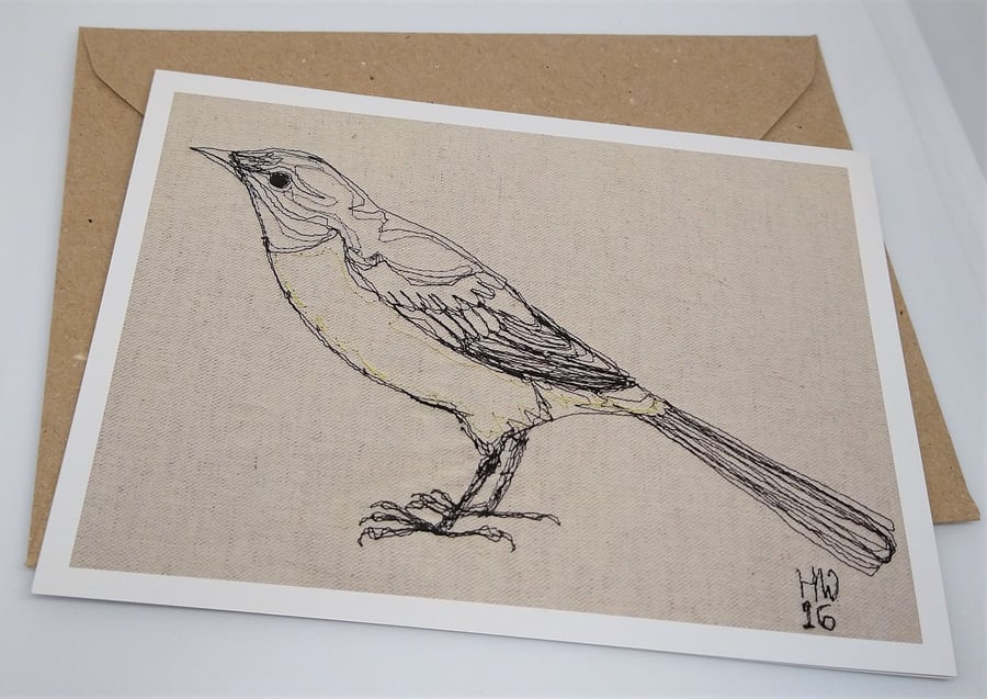 Grey Wagtail Embroidered Portrait Greetings Card