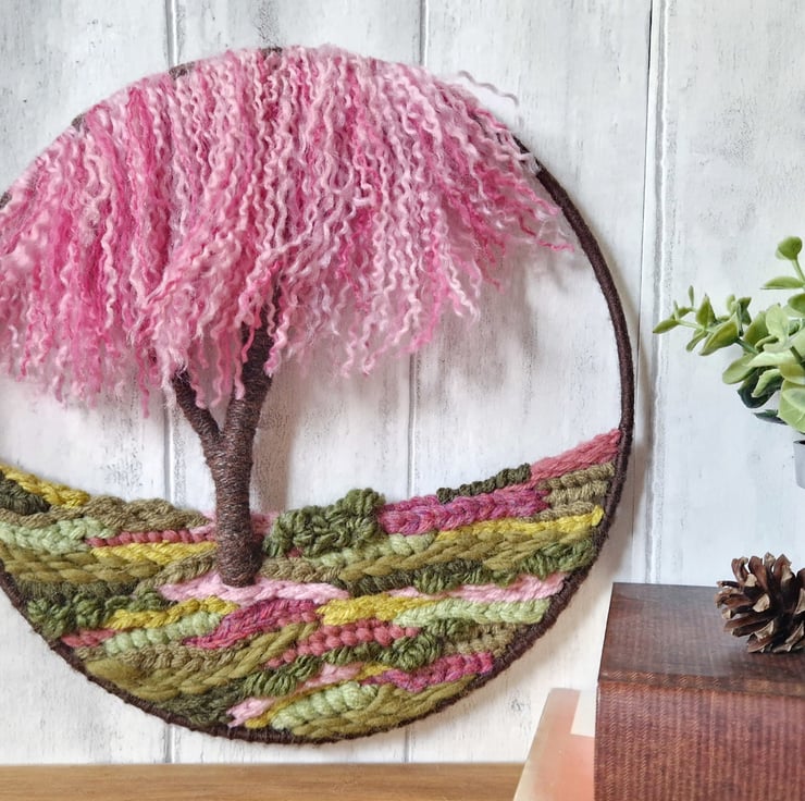 Handwoven Pink Cherry Blossom Tree Wall Hanging, Weaving Art