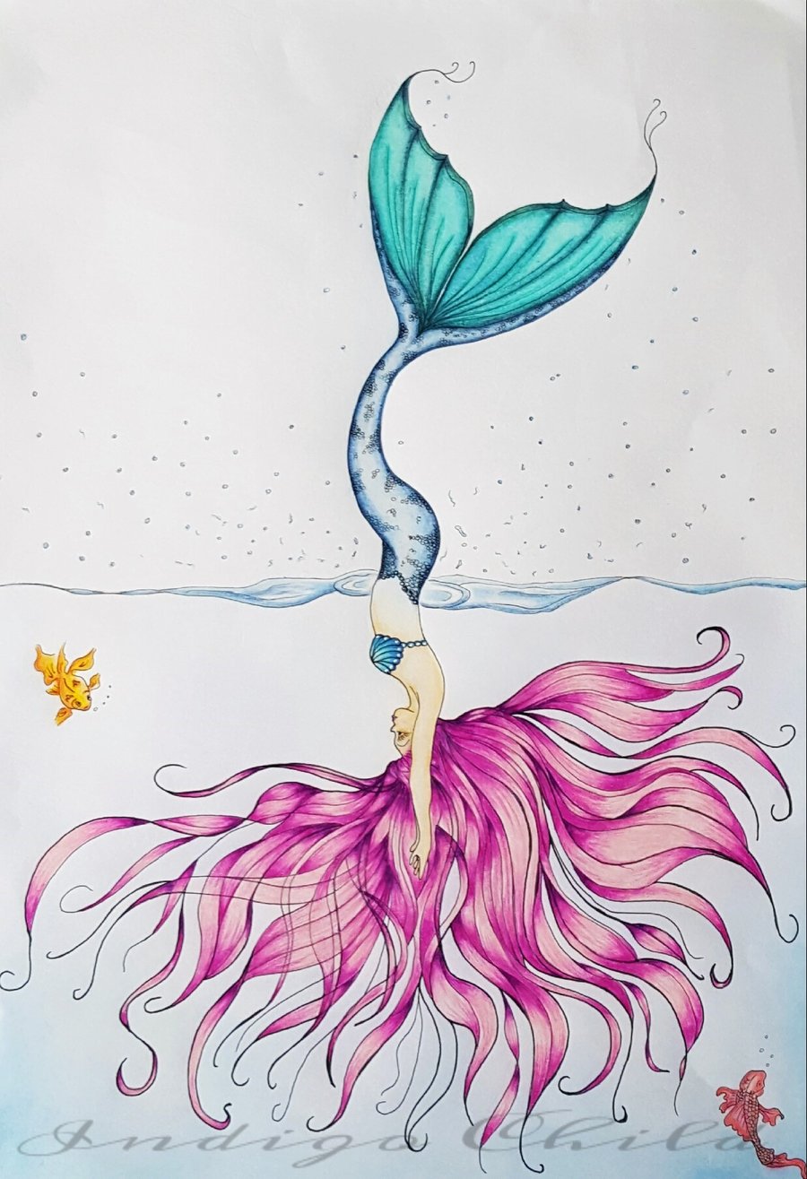 Art Drawing Diving Mermaid Drawing - Folksy