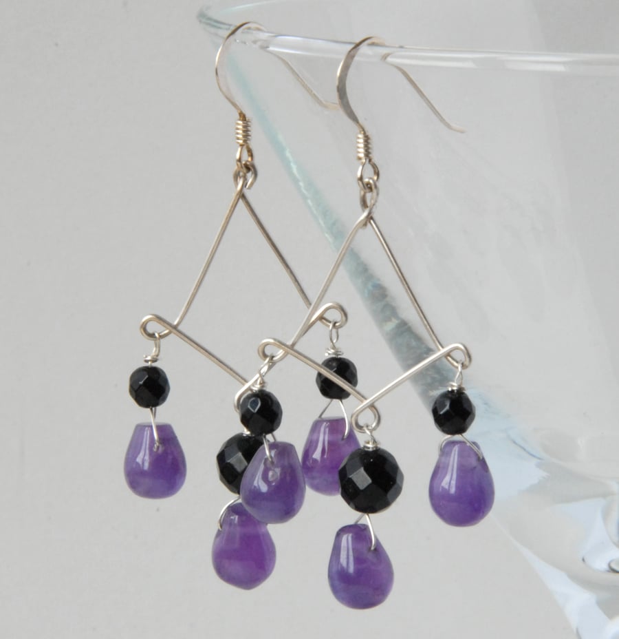 Sterling Silver, Purple Amethyst and Black Onyx Chandelier Earrings