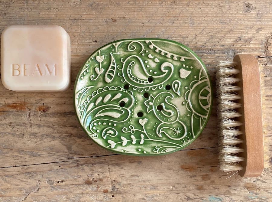 Handmade Pottery Green Paisley Soap Dish