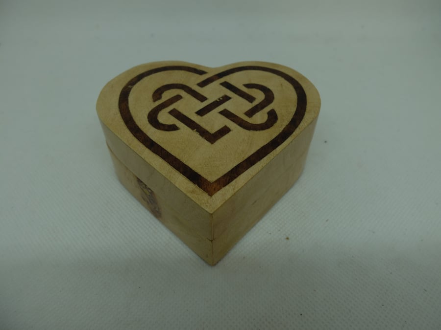 Heart shaped wooden box with lid, decorated with Celtic knot
