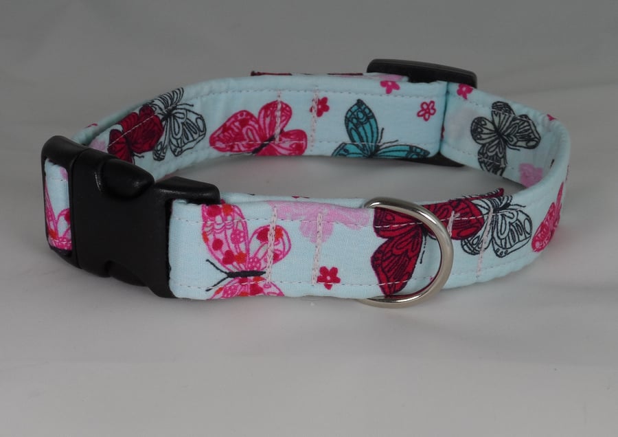 Handmade Summer Fabric Dog Collar - Pink-Blue Butterflies - Small-Medium 