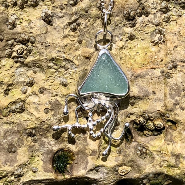 Light Teal Blue Sea Glass and Sterling Silver Jelly Fish Pendant - 1079