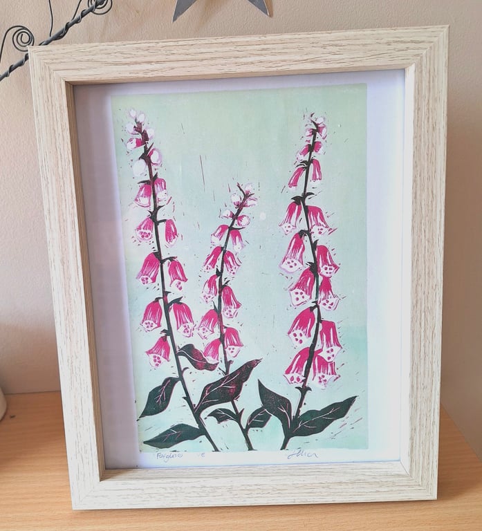 'Foxgloves' An original linoprint of foxgloves with a green background.