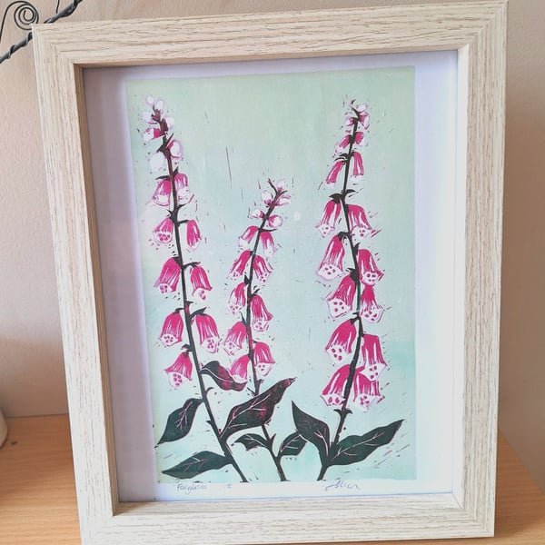 'Foxgloves' An original linoprint of foxgloves with a green background.