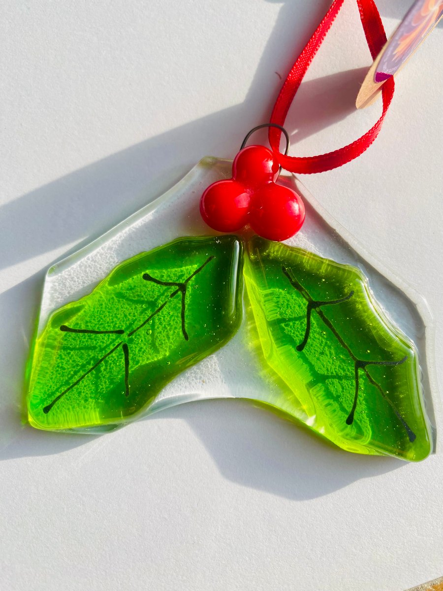 Fused glass holly Christmas decoration 