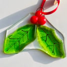Fused glass holly Christmas decoration 