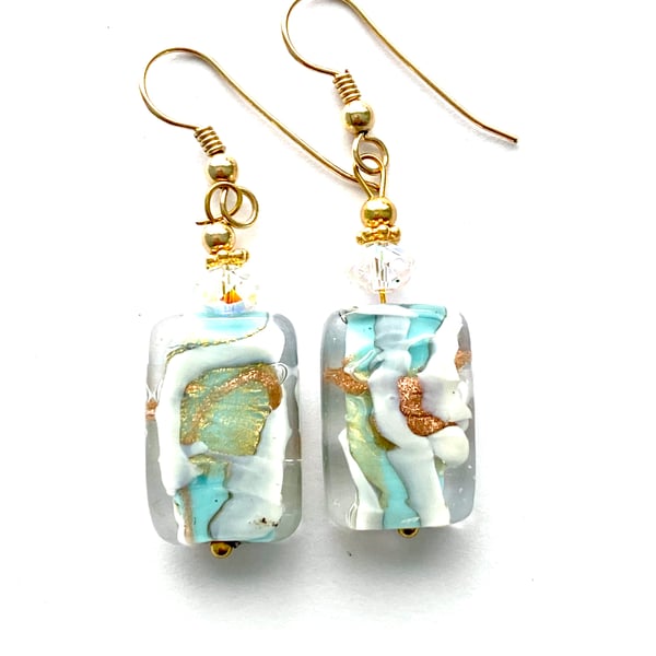 Murano glass green and gold earrings with gold filled ear wires.