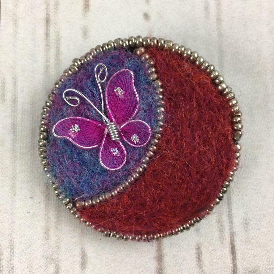 Needle felted, beaded butterfly brooch in lilac and red