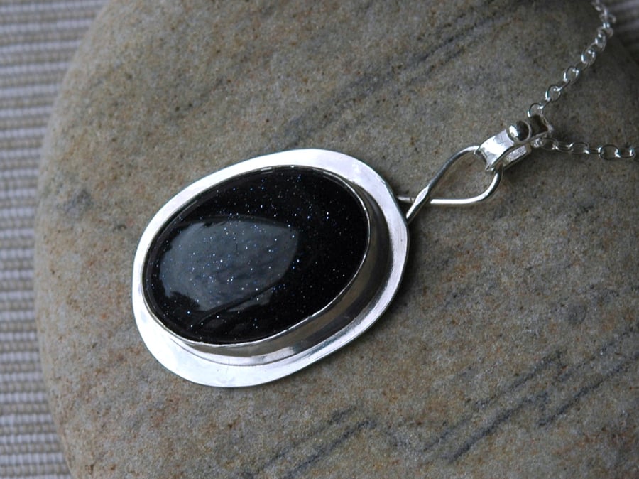 Oval Pendant in Sterling Silver with Large Blue Goldstone Cabochon, P127