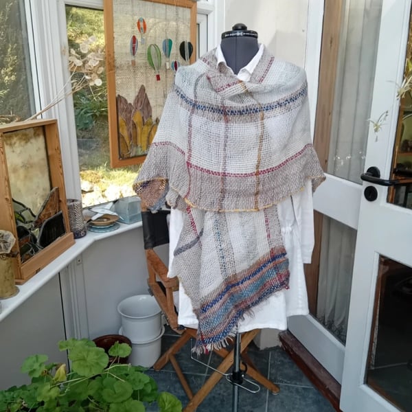 Handwoven Grey Poncho with Sparkly Multicoloured  Borders.