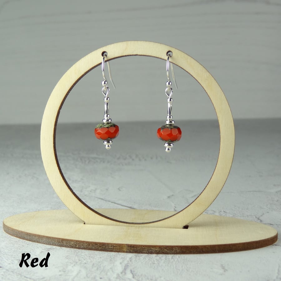 4 colours - Sterling silver rustic picasso rondelle Czech glass drop earrings