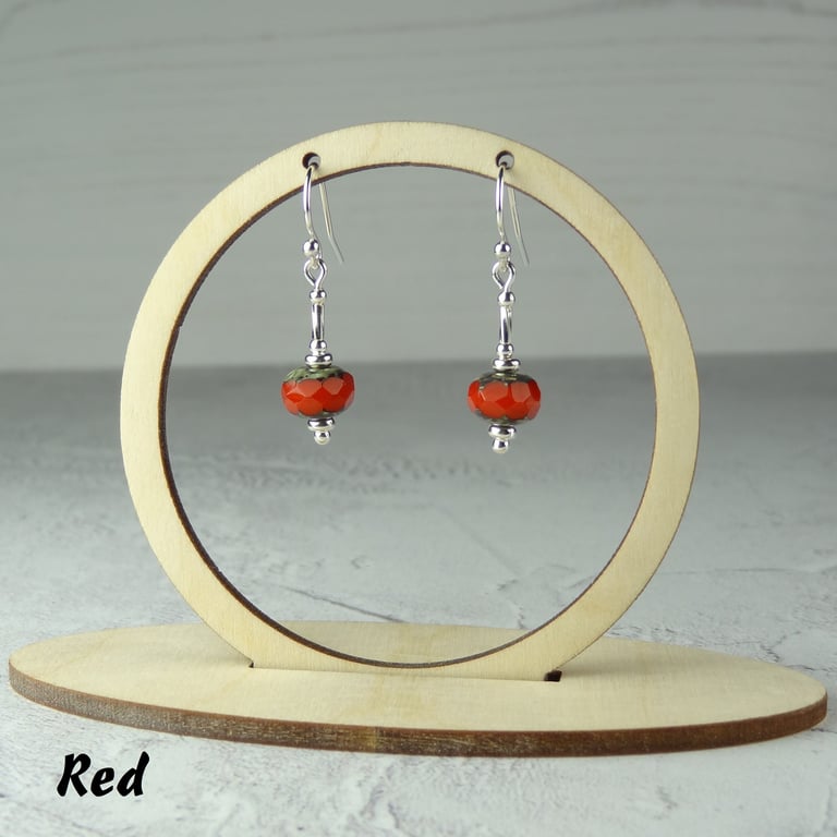 4 colours - Sterling silver rustic picasso rondelle Czech glass drop earrings