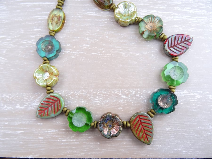 Flower Necklace, Leaf Necklace,Czech Glass Necklace,Green Necklace.